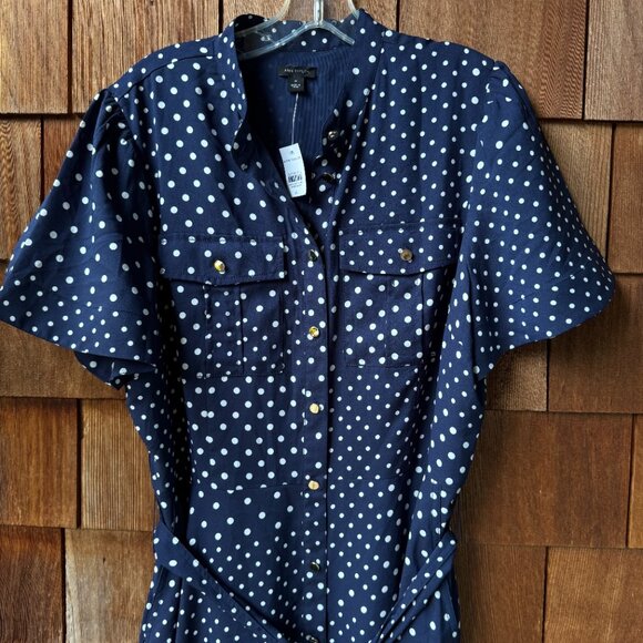 NWT Ann Taylor Navy Dotted Patchwork Pocket Short Sleeve Shirtdress - Women's 14 - Picture 5 of 14